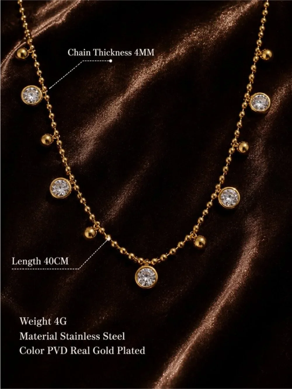 Gold plated Beaded Necklace with Clear Crystal Stations